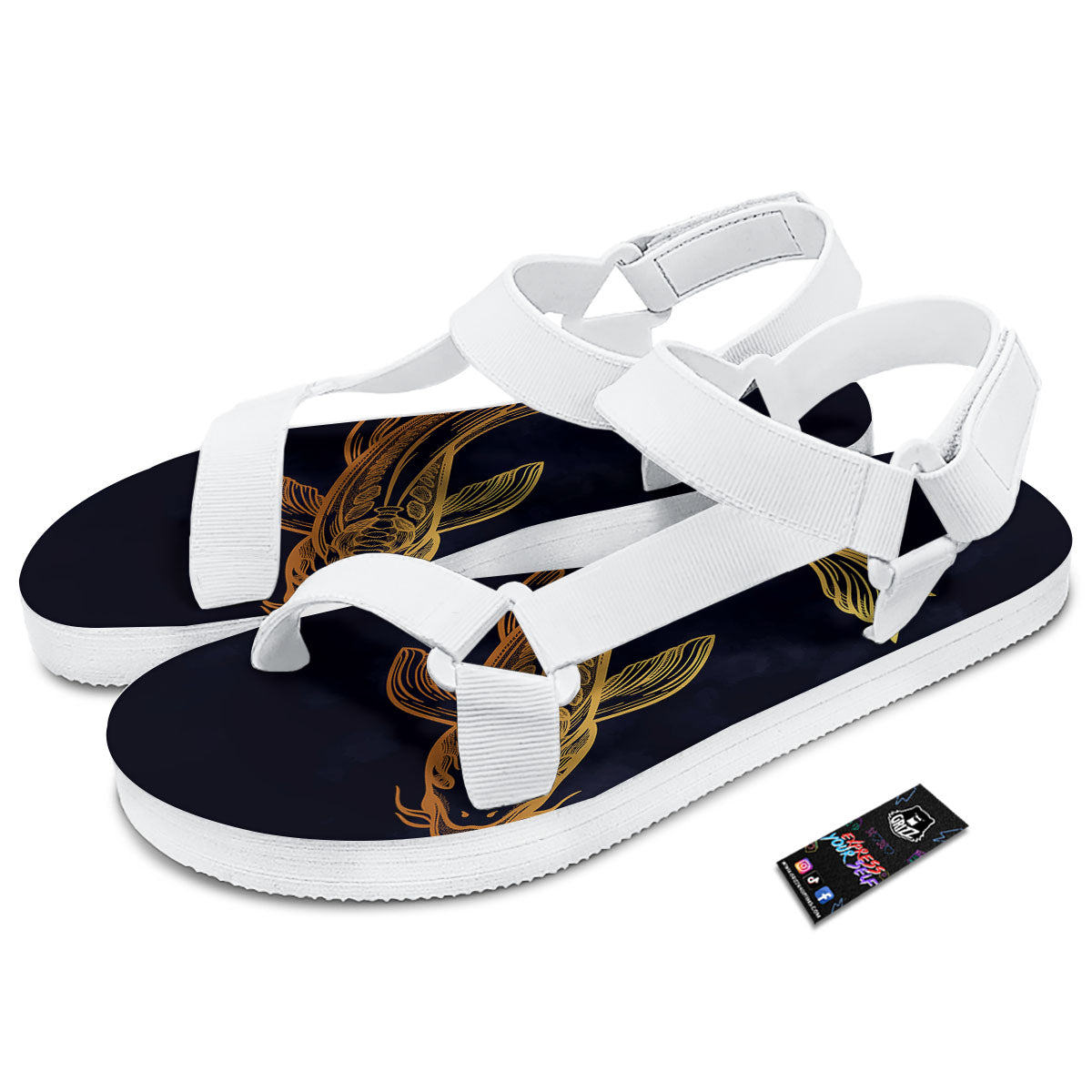 Koi Carp Golden Spiritual Print White Open Toe Sandals-grizzshop