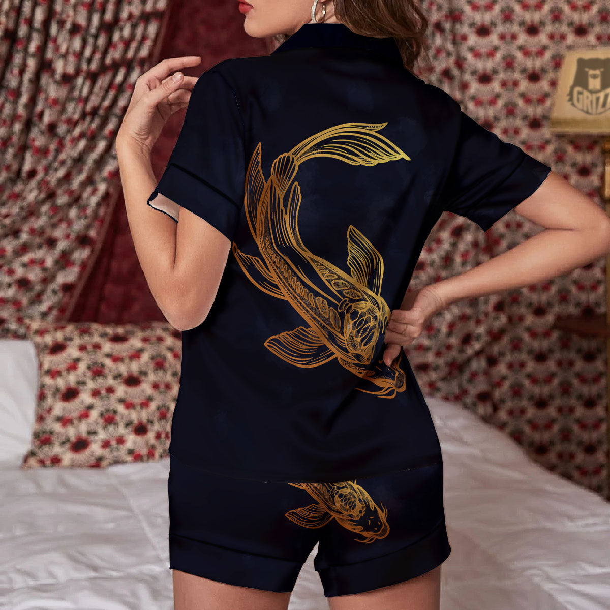 Koi Carp Golden Spiritual Print Women Silk Pajamas-grizzshop