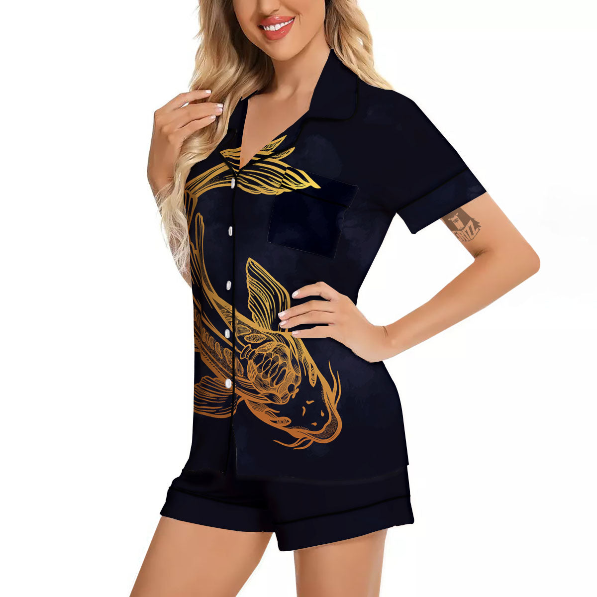 Koi Carp Golden Spiritual Print Women Silk Pajamas-grizzshop