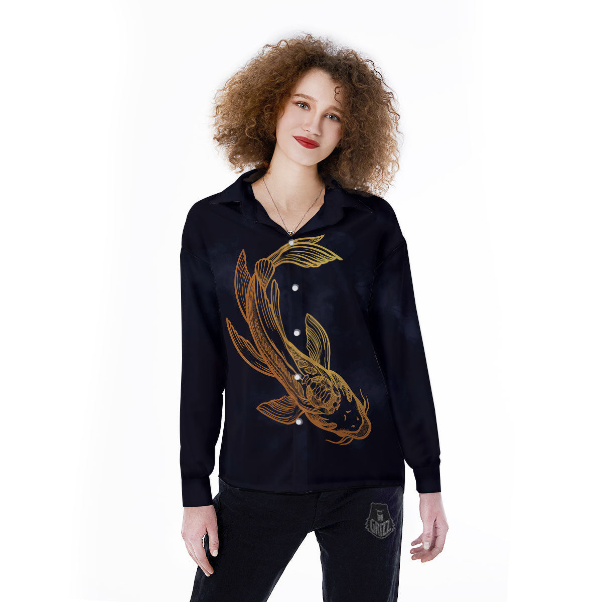 Koi Carp Golden Spiritual Print Women's Long Sleeve Shirts-grizzshop