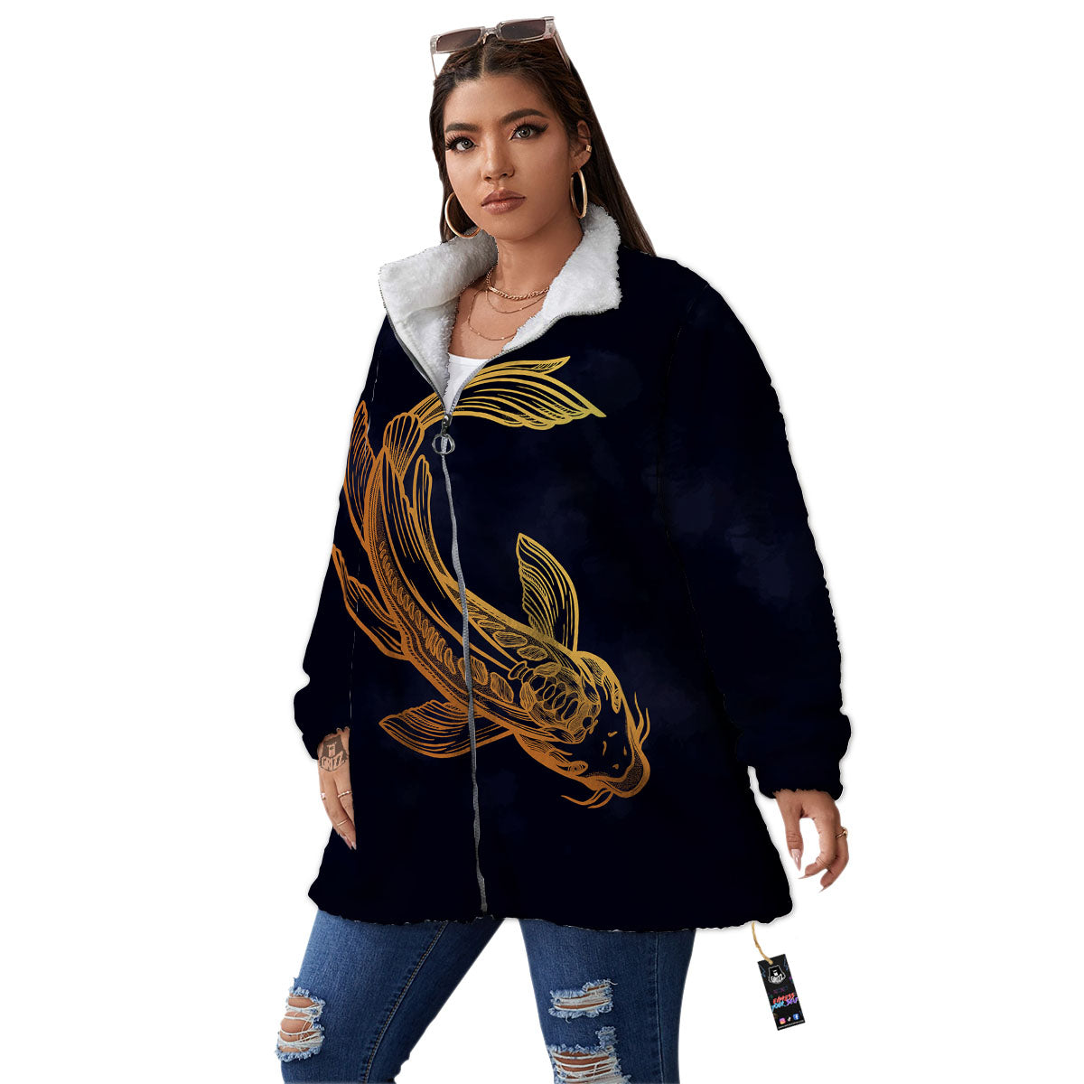 Koi Carp Golden Spiritual Print Women's Sherpa Jacket-grizzshop