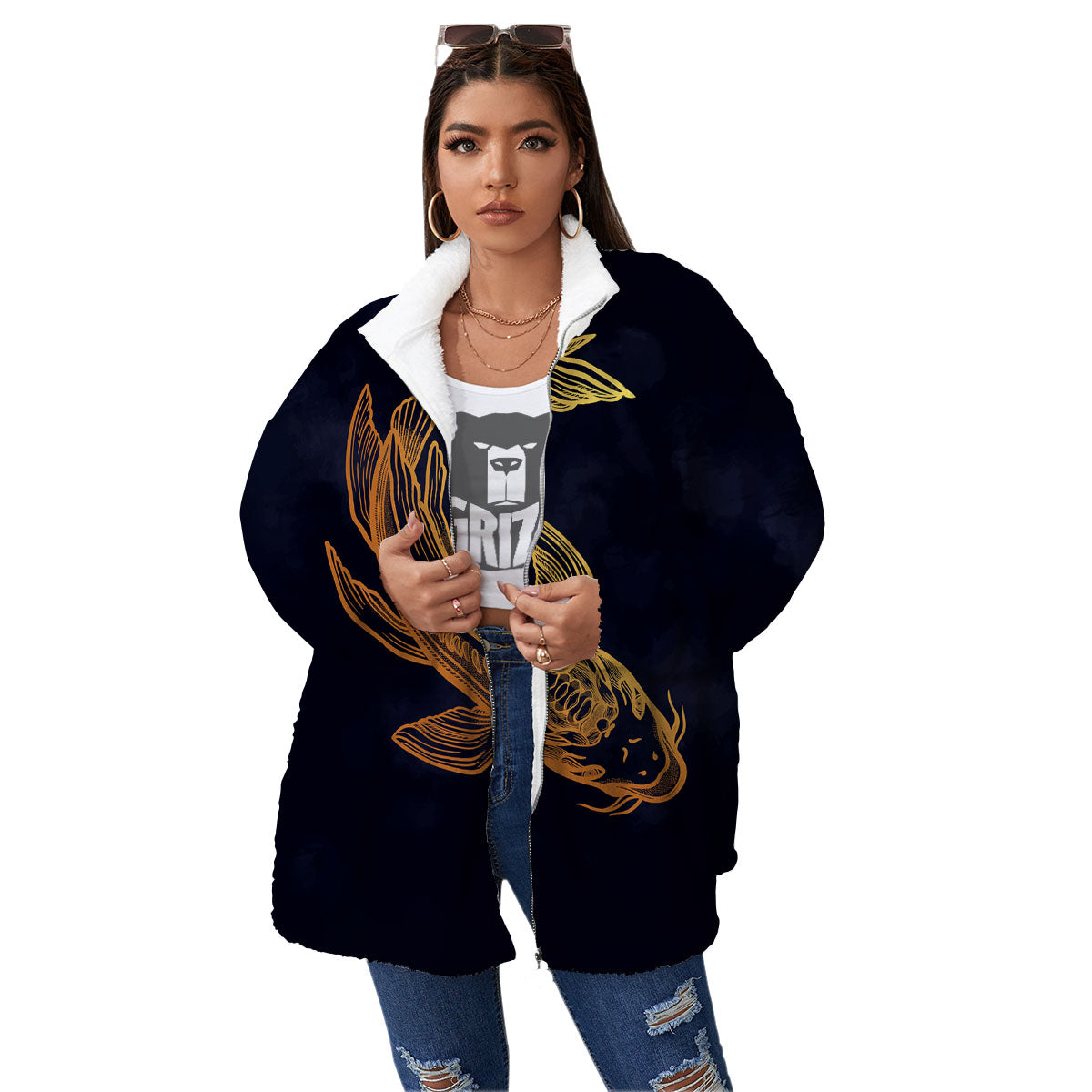 Koi Carp Golden Spiritual Print Women's Sherpa Jacket-grizzshop