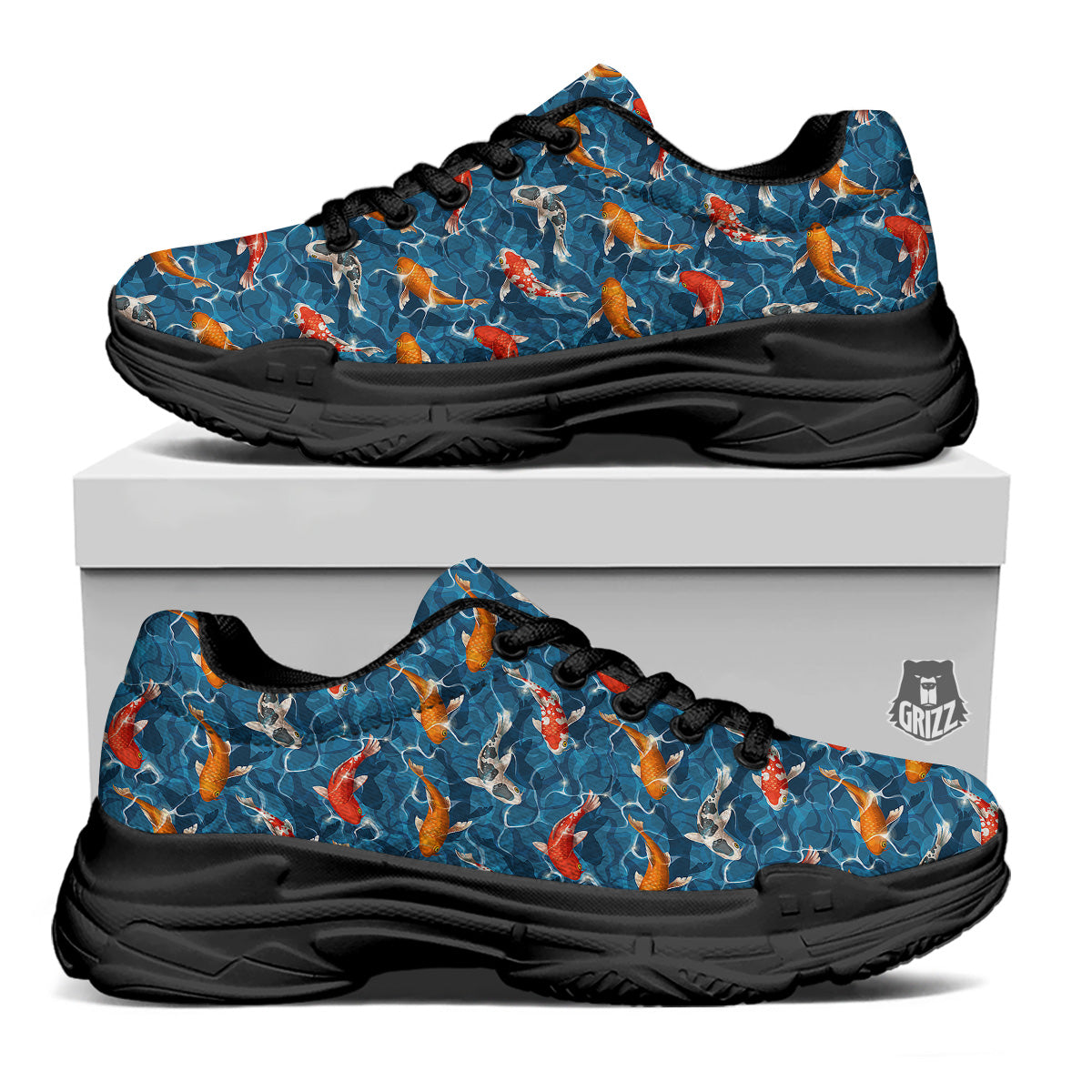 Koi Carps Print Pattern Black Chunky Shoes-grizzshop