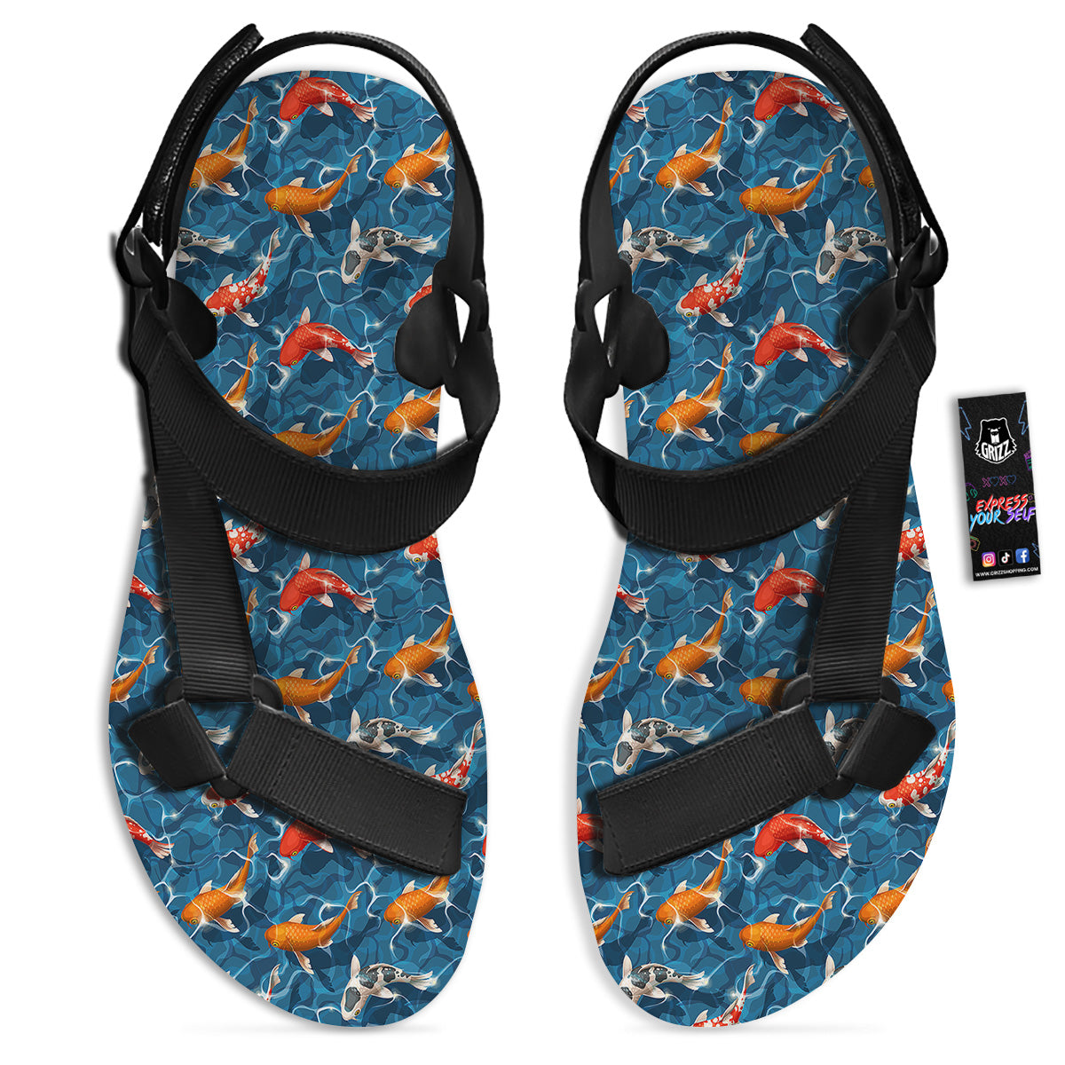 Koi Carps Print Pattern Black Open Toe Sandals-grizzshop
