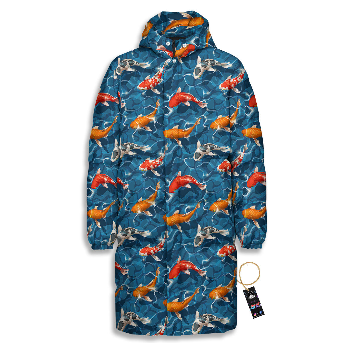 Koi Carps Print Pattern Long Down Jacket-grizzshop