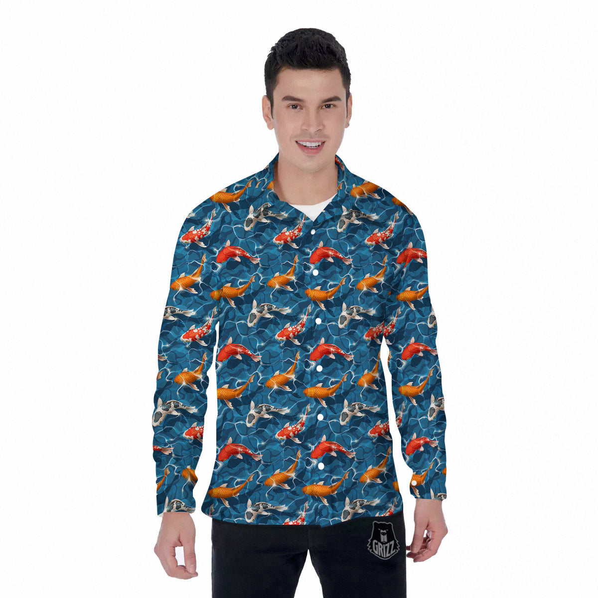 Koi Carps Print Pattern Men's Long Sleeve Shirts-grizzshop