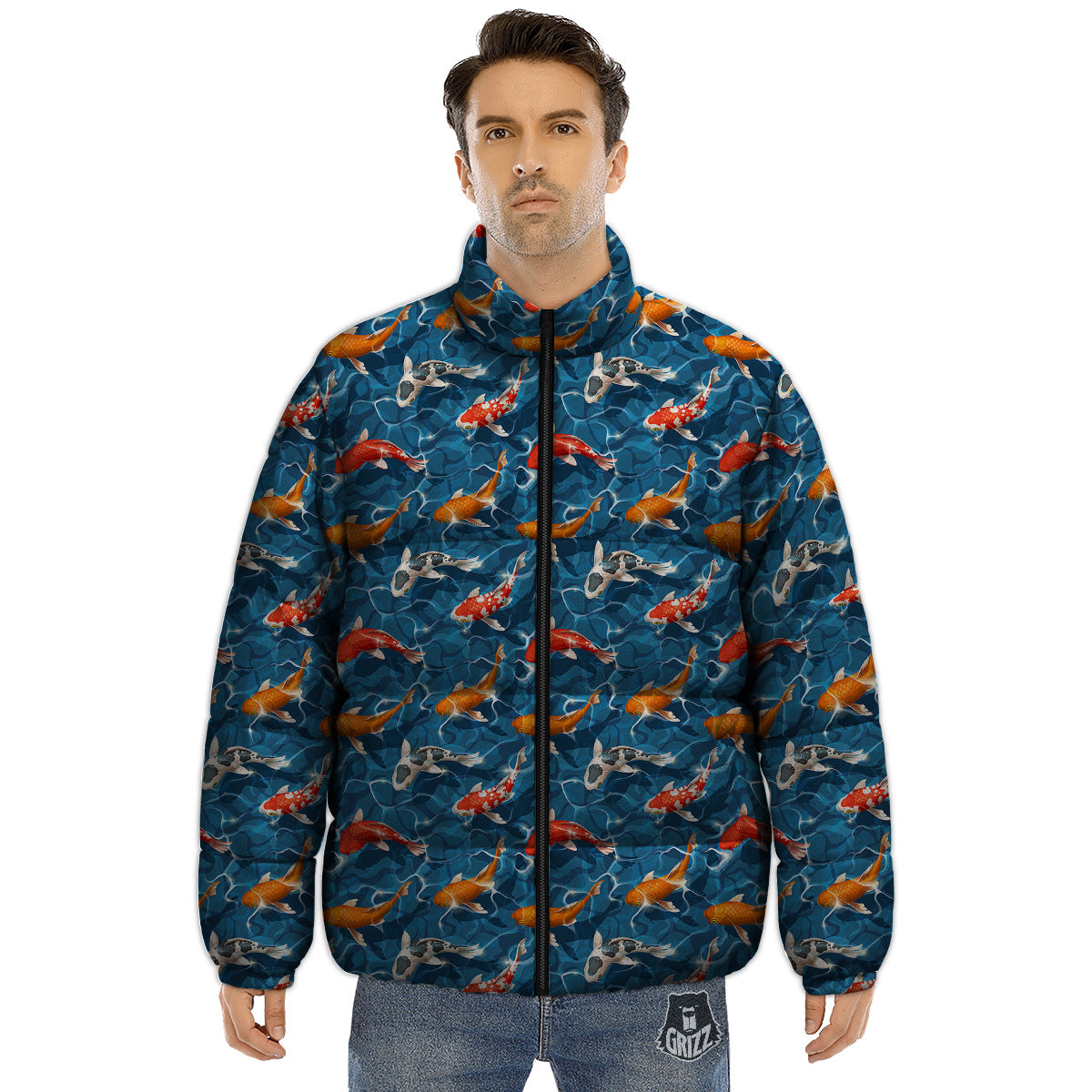 Koi Carps Print Pattern Puffer Jacket-grizzshop