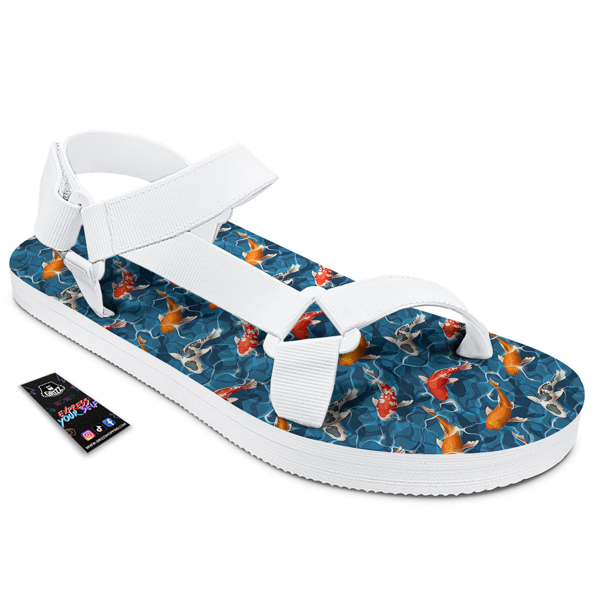 Koi Carps Print Pattern White Open Toe Sandals-grizzshop