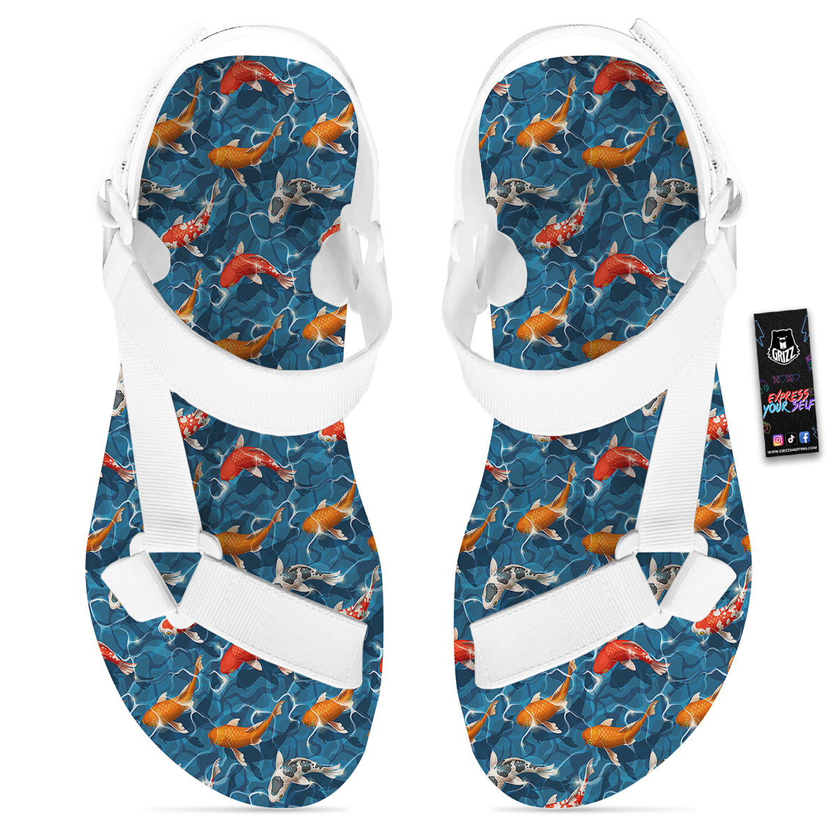 Koi Carps Print Pattern White Open Toe Sandals-grizzshop