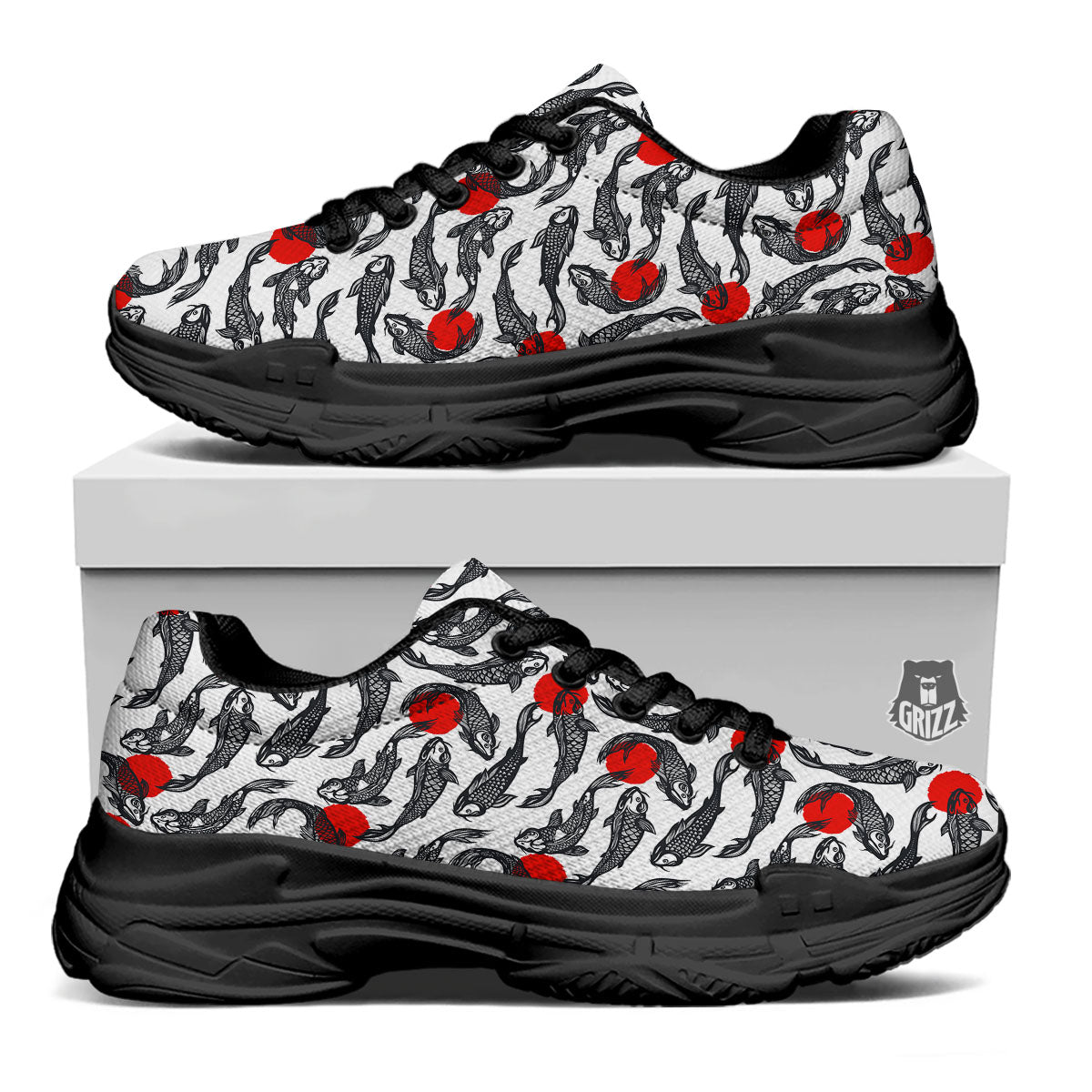 Koi Fish Carp Japanese Print Pattern Black Chunky Shoes-grizzshop