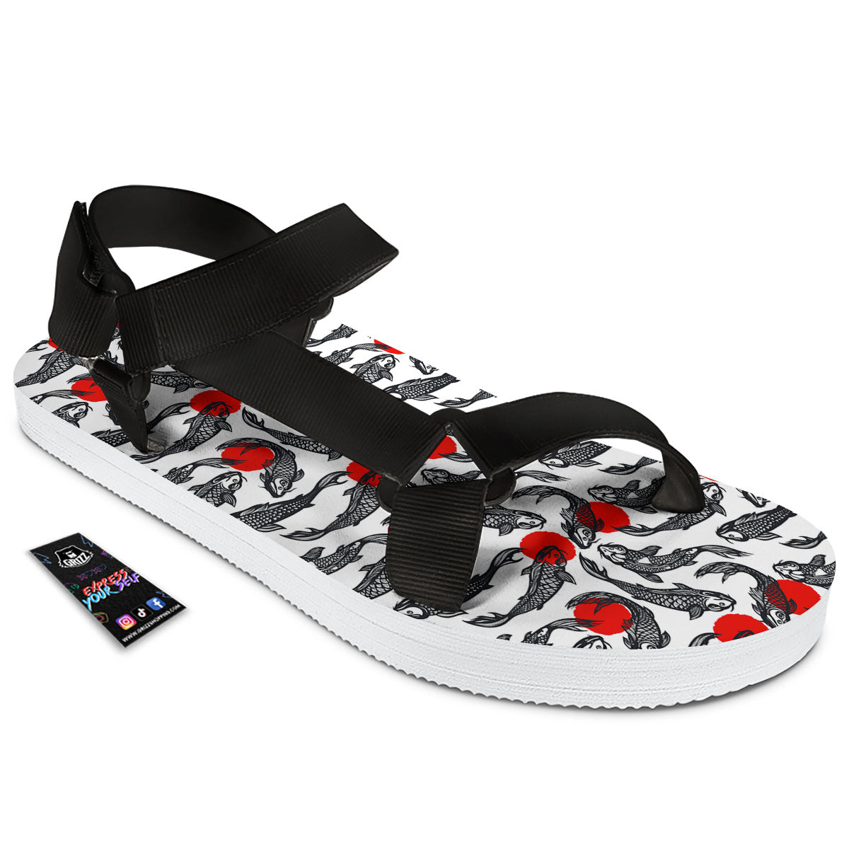 Koi Fish Carp Japanese Print Pattern Black Open Toe Sandals-grizzshop