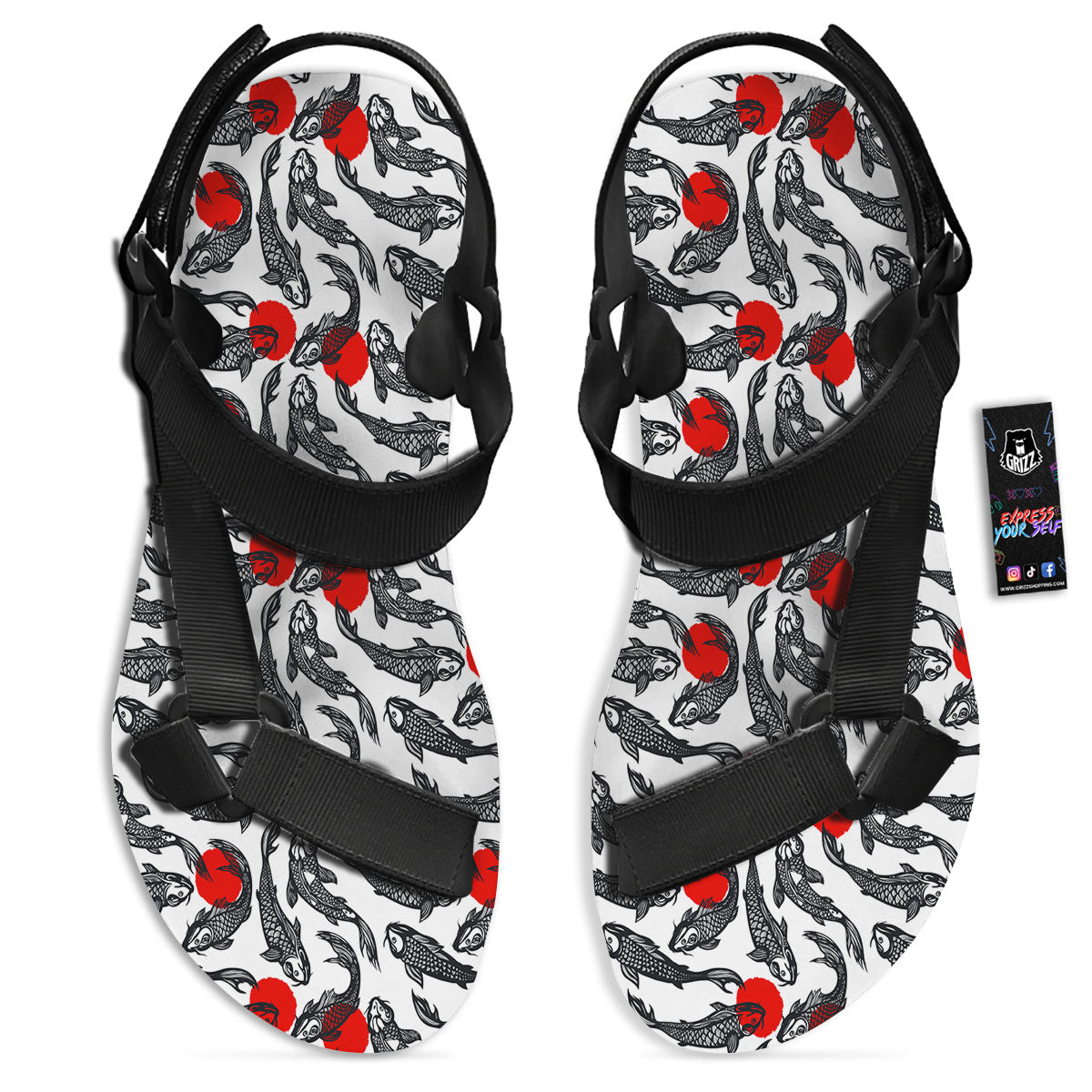 Koi Fish Carp Japanese Print Pattern Black Open Toe Sandals-grizzshop