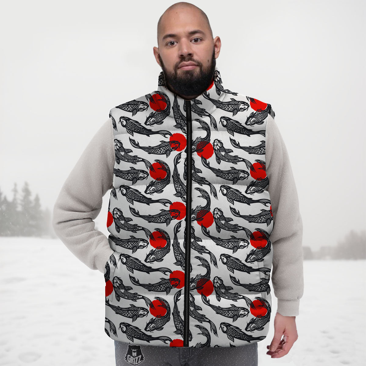 Koi Fish Carp Japanese Print Pattern Down Vest