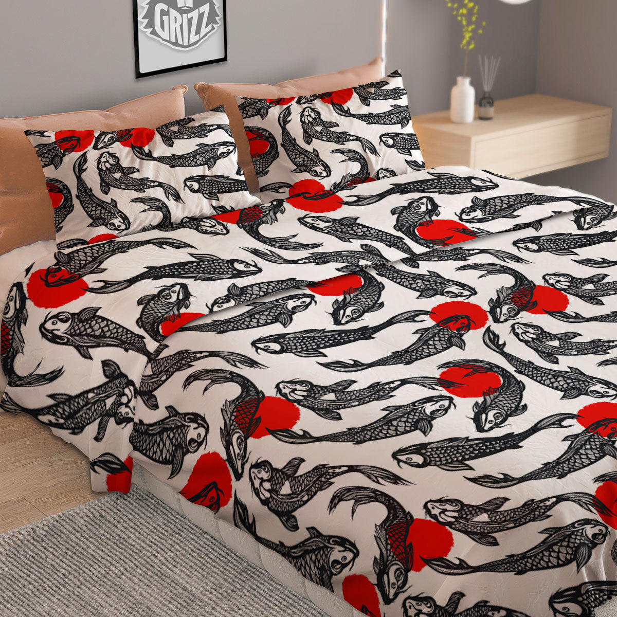 Koi Fish Carp Japanese Print Pattern Duvet Cover Bedding Set