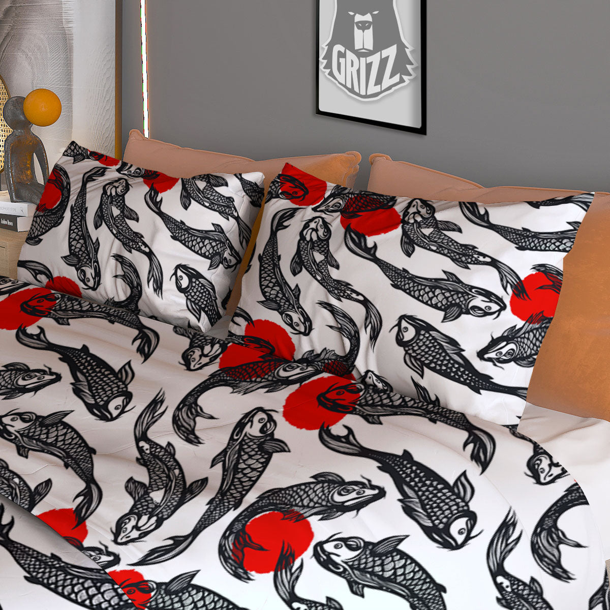 Koi Fish Carp Japanese Print Pattern Duvet Cover Bedding Set