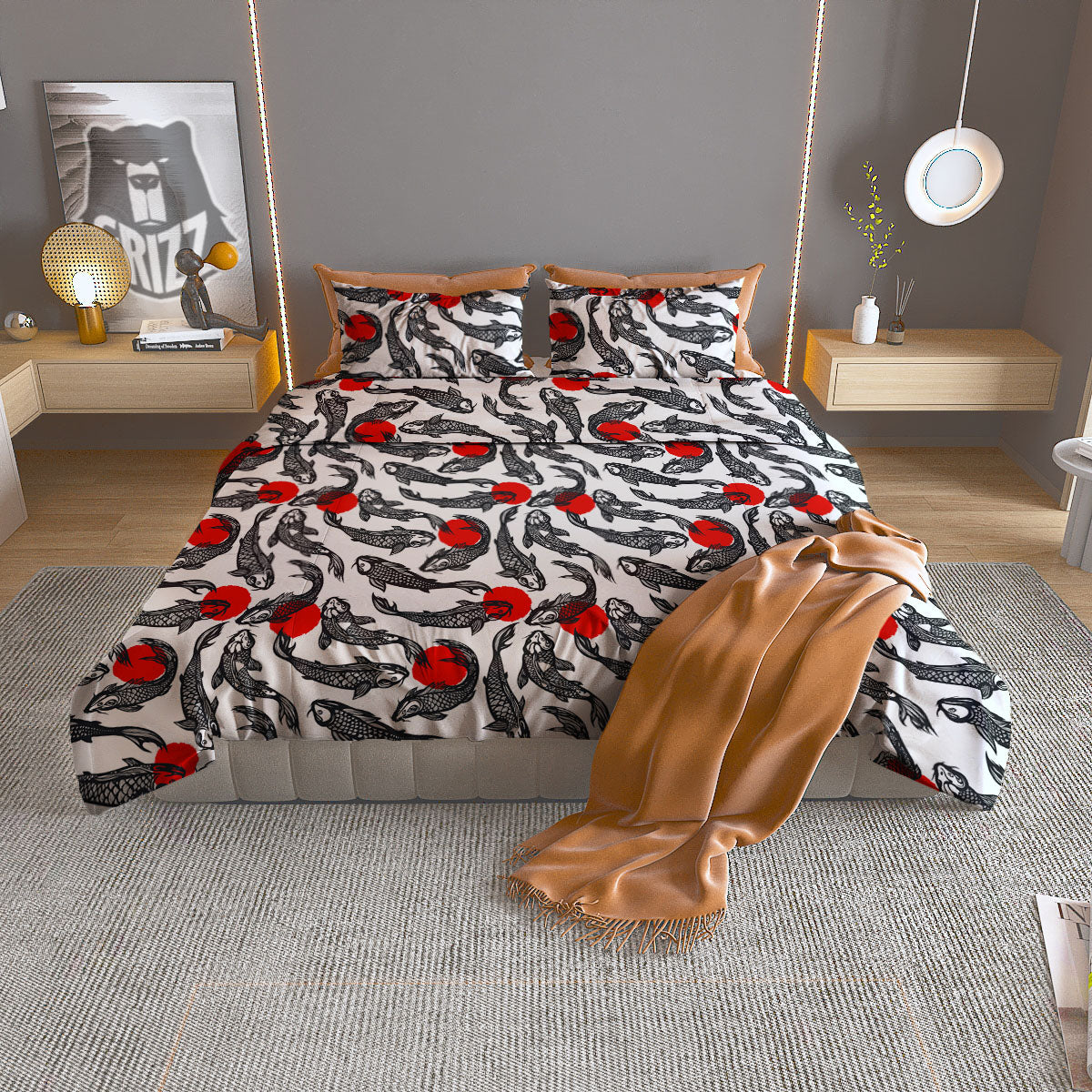 Koi Fish Carp Japanese Print Pattern Duvet Cover Bedding Set