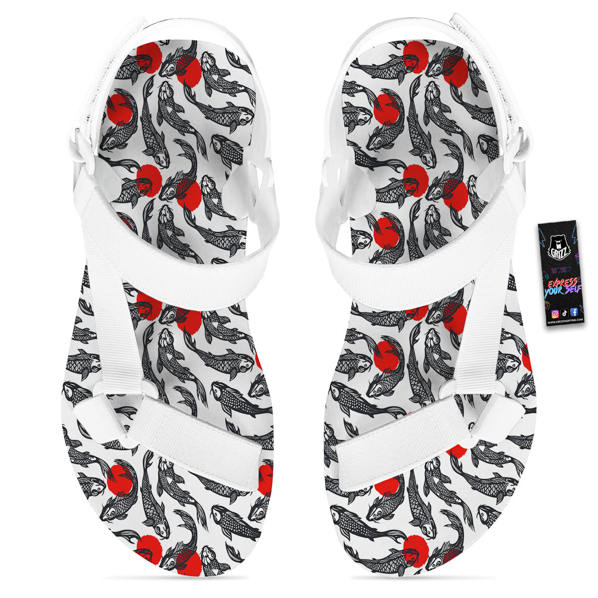 Koi Fish Carp Japanese Print Pattern White Open Toe Sandals-grizzshop