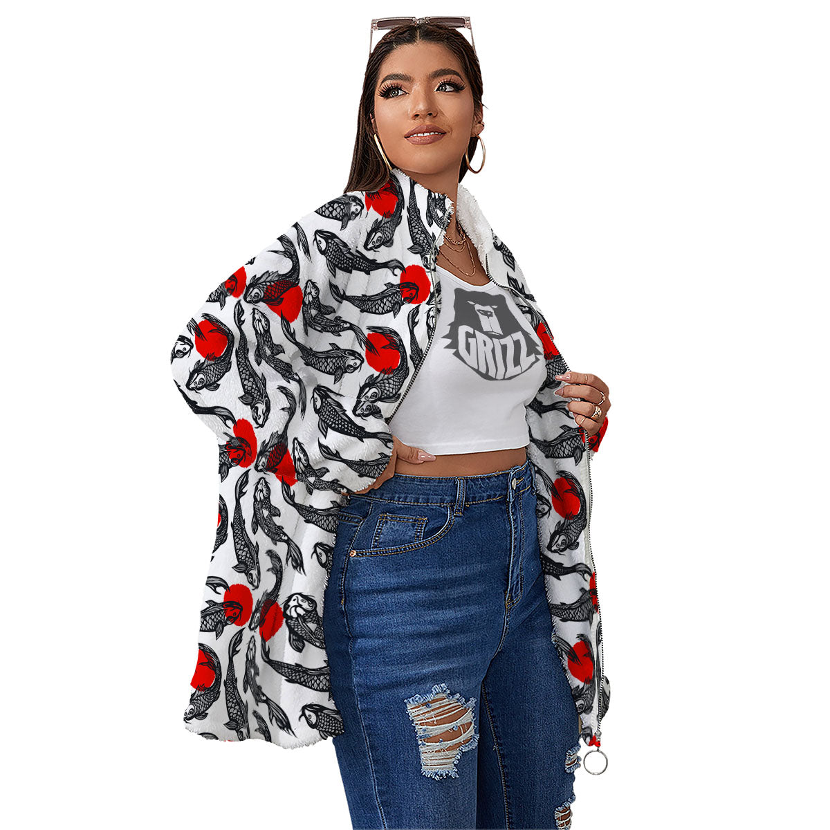 Koi Fish Carp Japanese Print Pattern Women's Sherpa Jacket-grizzshop