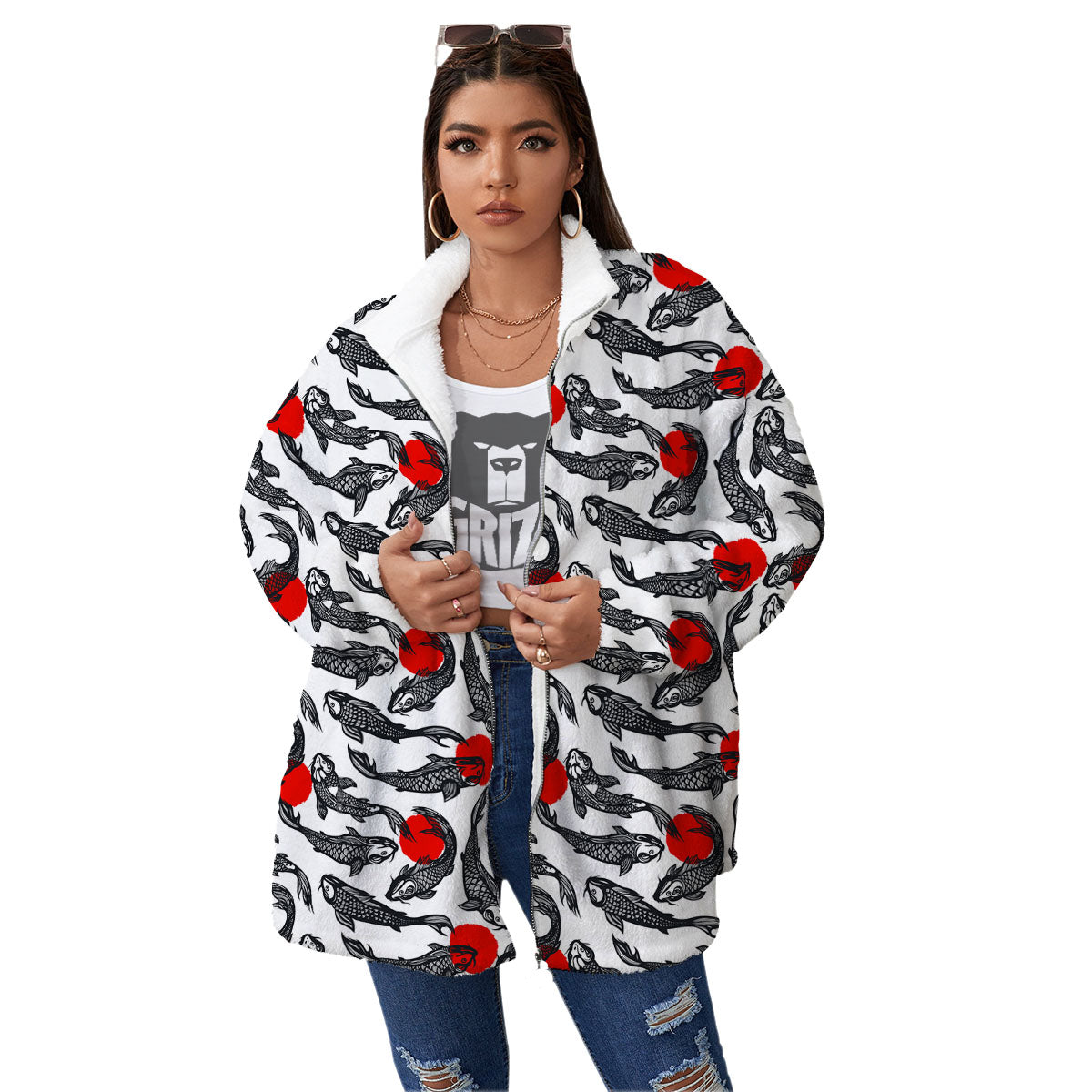 Koi Fish Carp Japanese Print Pattern Women's Sherpa Jacket-grizzshop