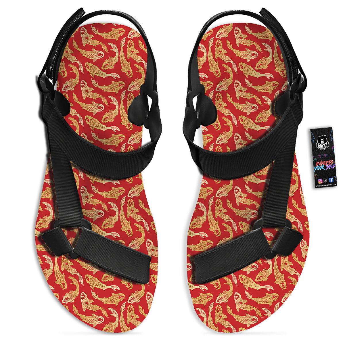 Koi Fish Chinese Print Pattern Black Open Toe Sandals-grizzshop