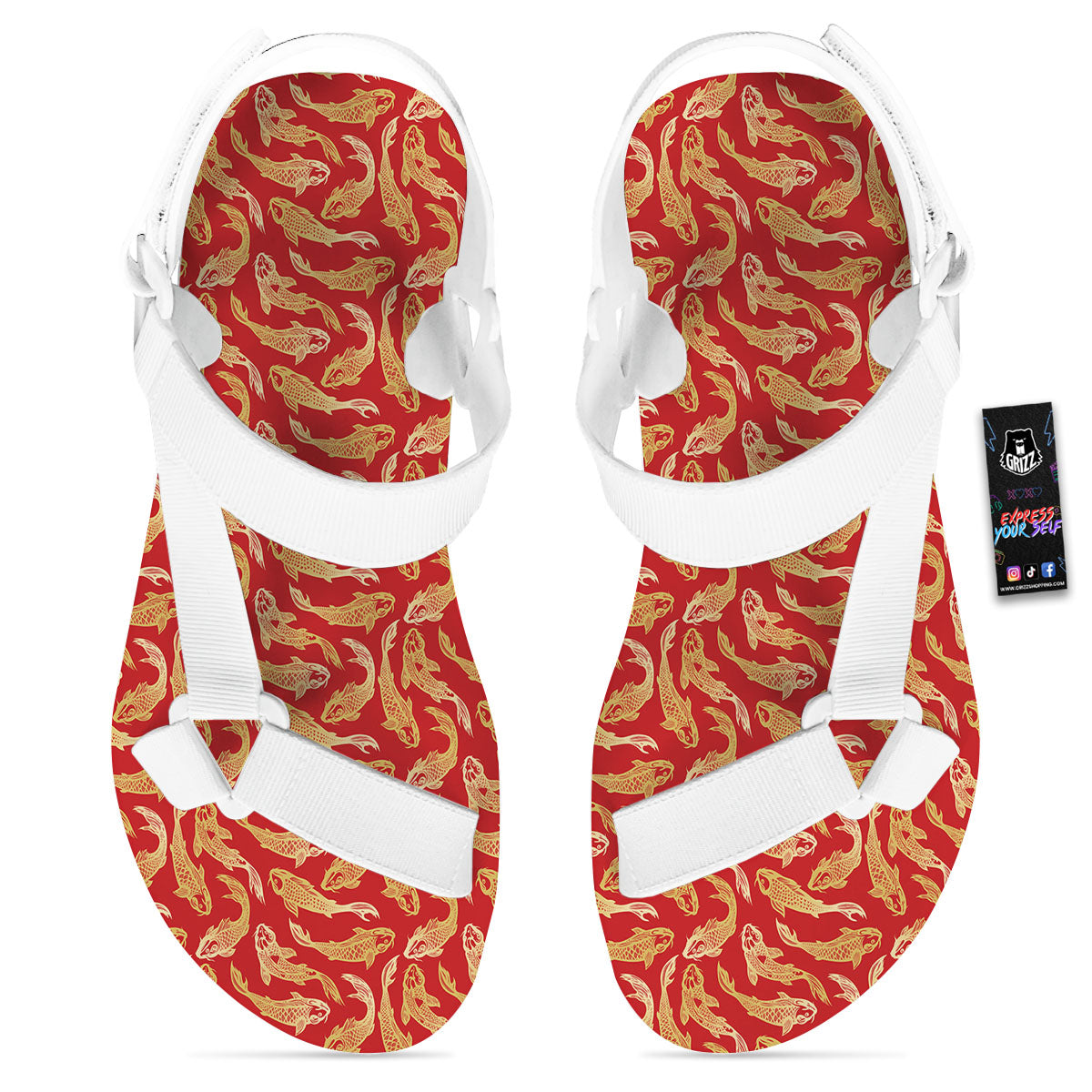Koi Fish Chinese Print Pattern White Open Toe Sandals-grizzshop