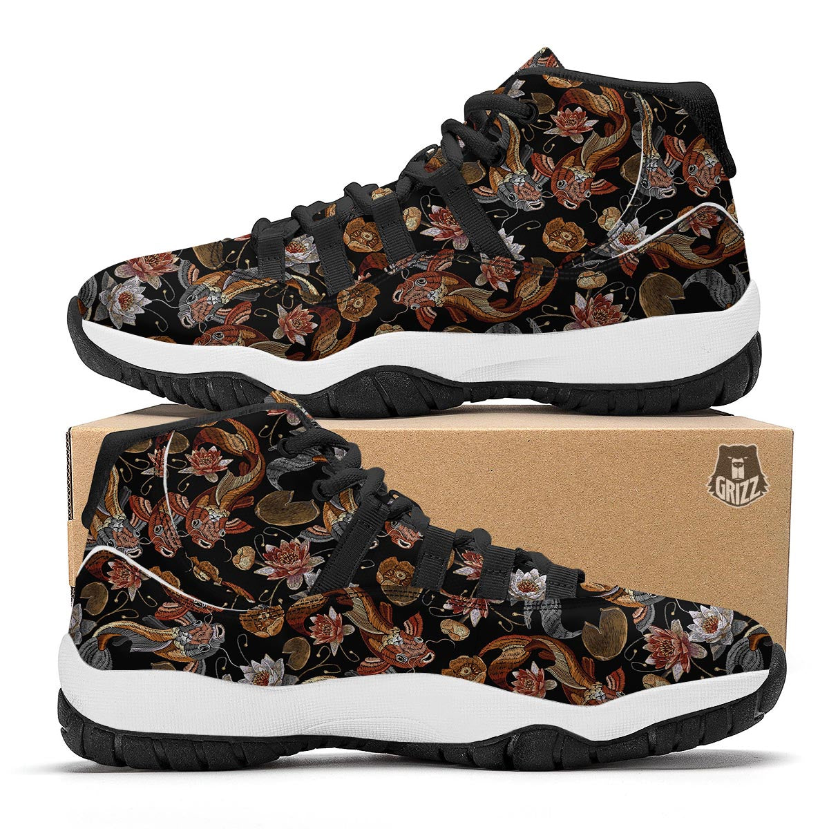 Koi Fish Crochet Lotus Pattern Print Black Bball Shoes-grizzshop