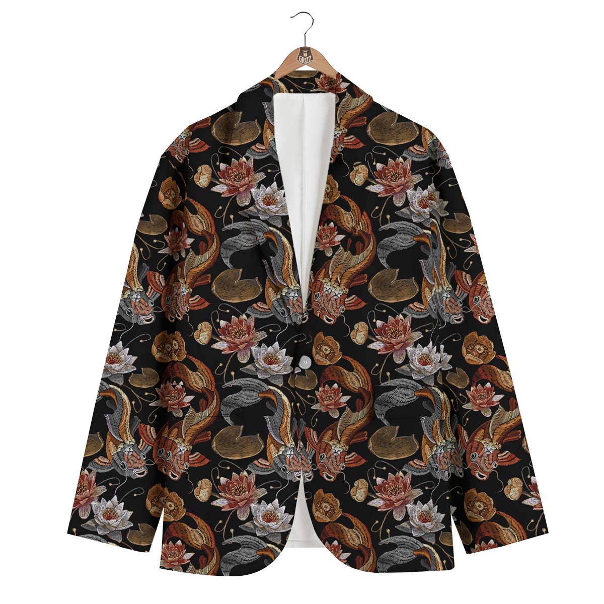 Koi Fish Crochet Lotus Pattern Print Men's Blazer-grizzshop