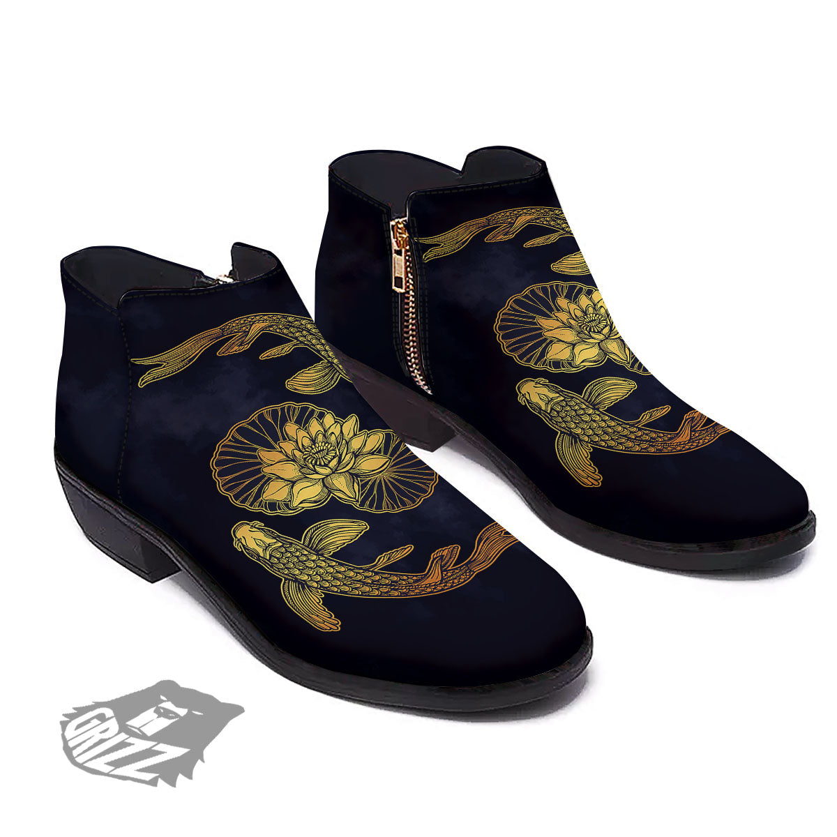 Koi Fish Golden Spiritual Print Ankle Boots-grizzshop