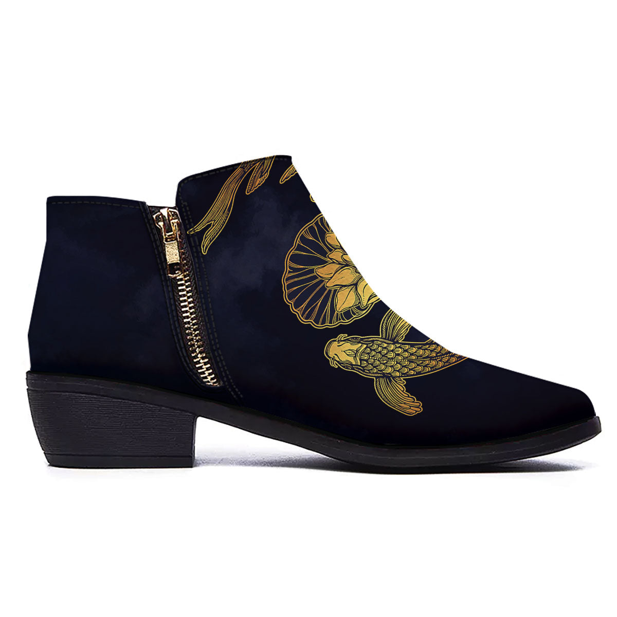 Koi Fish Golden Spiritual Print Ankle Boots-grizzshop