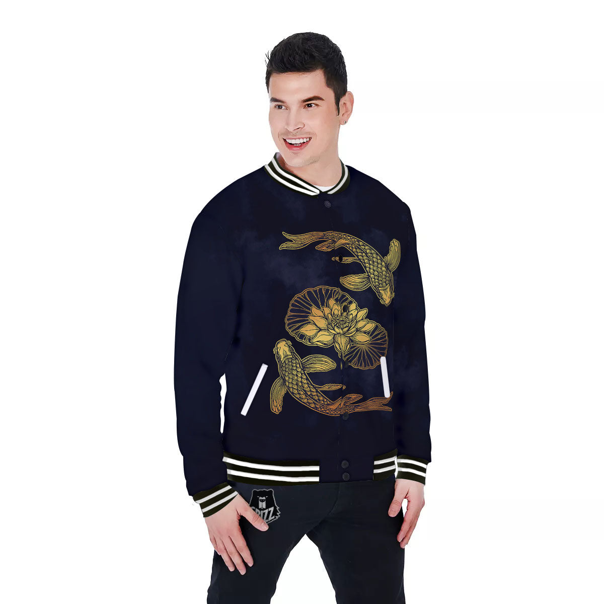 Koi Fish Golden Spiritual Print Baseball Jacket-grizzshop