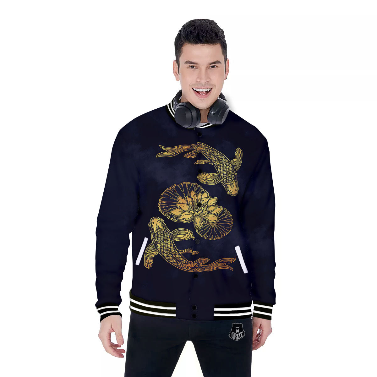 Koi Fish Golden Spiritual Print Baseball Jacket-grizzshop
