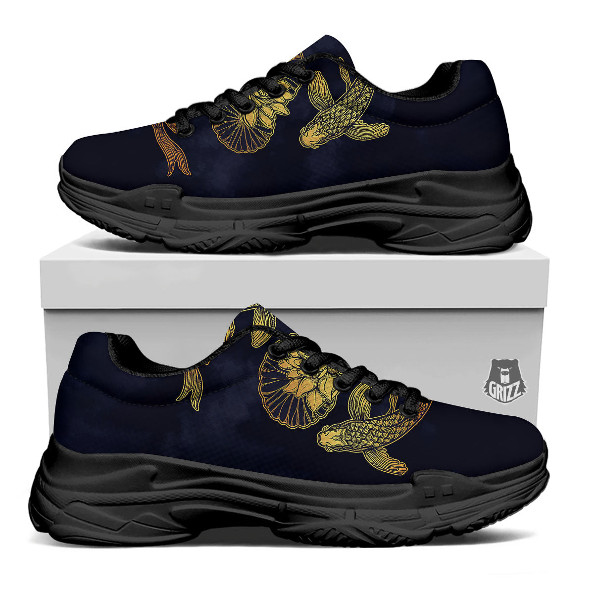 Koi Fish Golden Spiritual Print Black Chunky Shoes-grizzshop