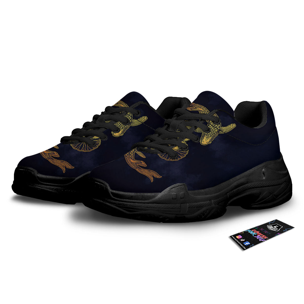 Koi Fish Golden Spiritual Print Black Chunky Shoes-grizzshop