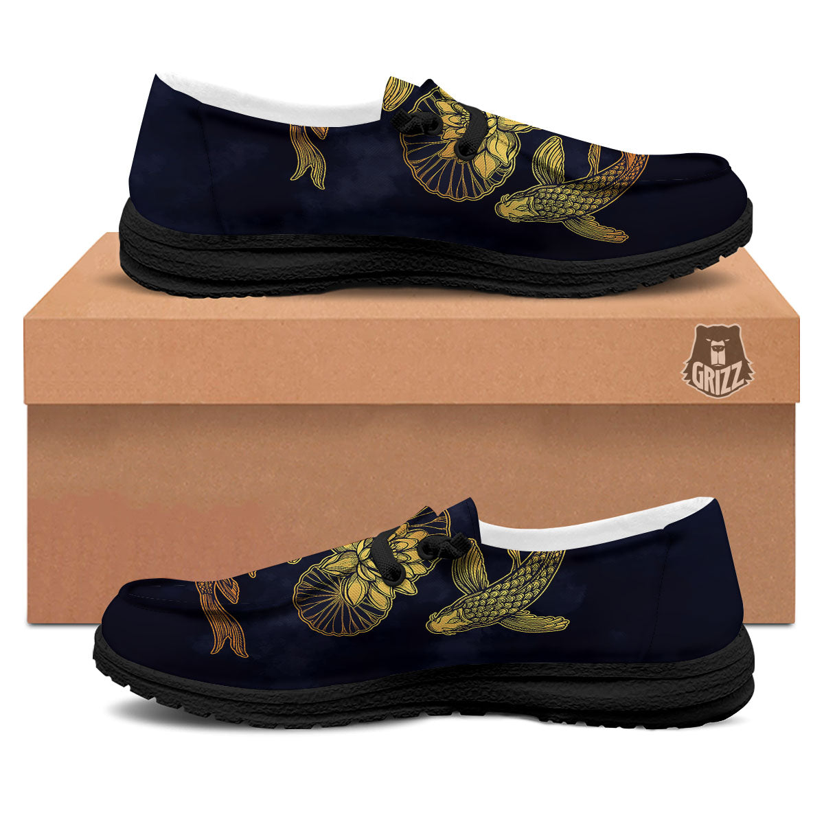 Koi Fish Golden Spiritual Print Black Loafers-grizzshop
