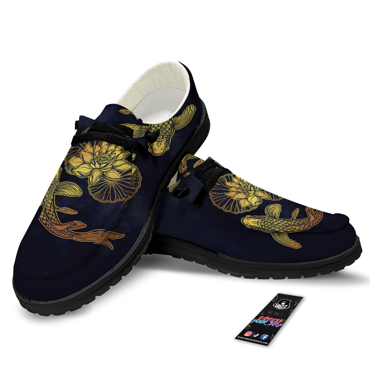 Koi Fish Golden Spiritual Print Black Loafers-grizzshop