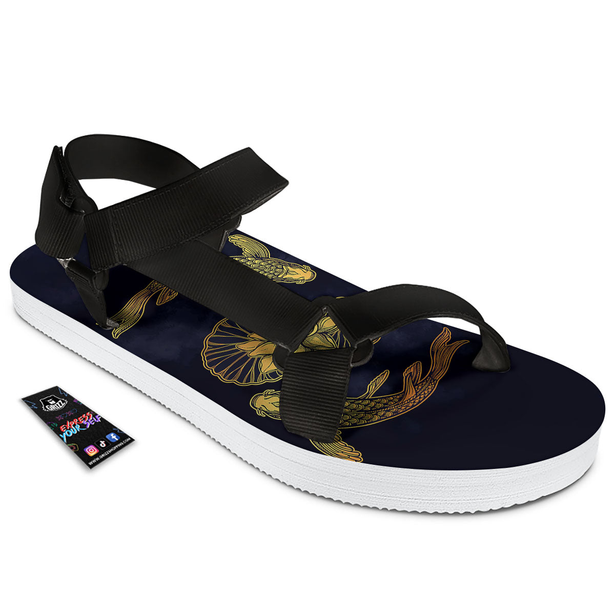 Koi Fish Golden Spiritual Print Black Open Toe Sandals-grizzshop