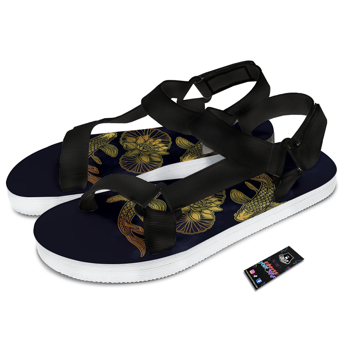 Koi Fish Golden Spiritual Print Black Open Toe Sandals-grizzshop