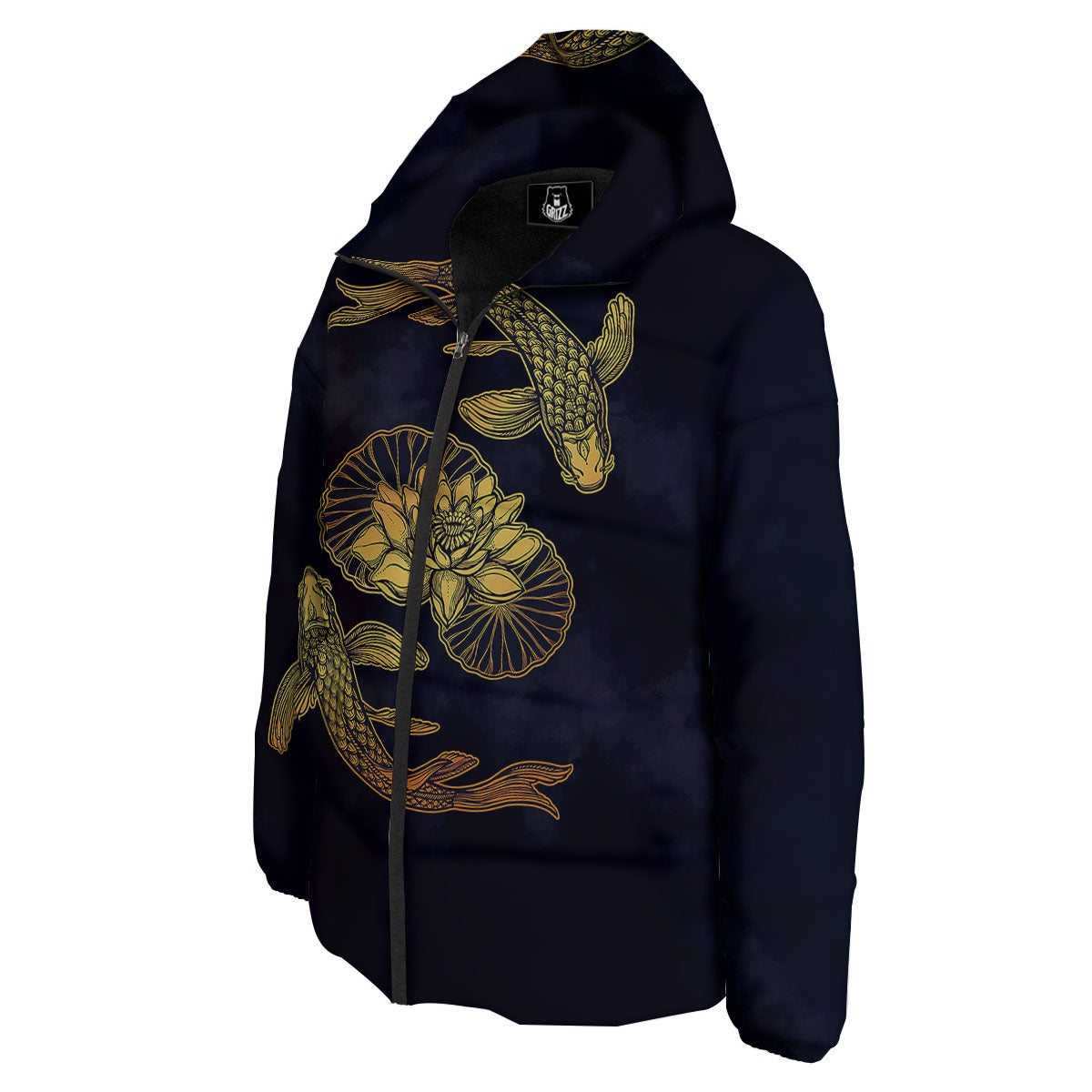 Koi Fish Golden Spiritual Print Down Jacket-grizzshop
