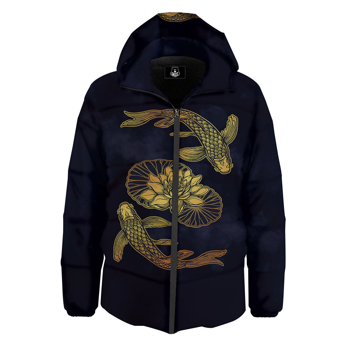 Koi Fish Golden Spiritual Print Down Jacket-grizzshop
