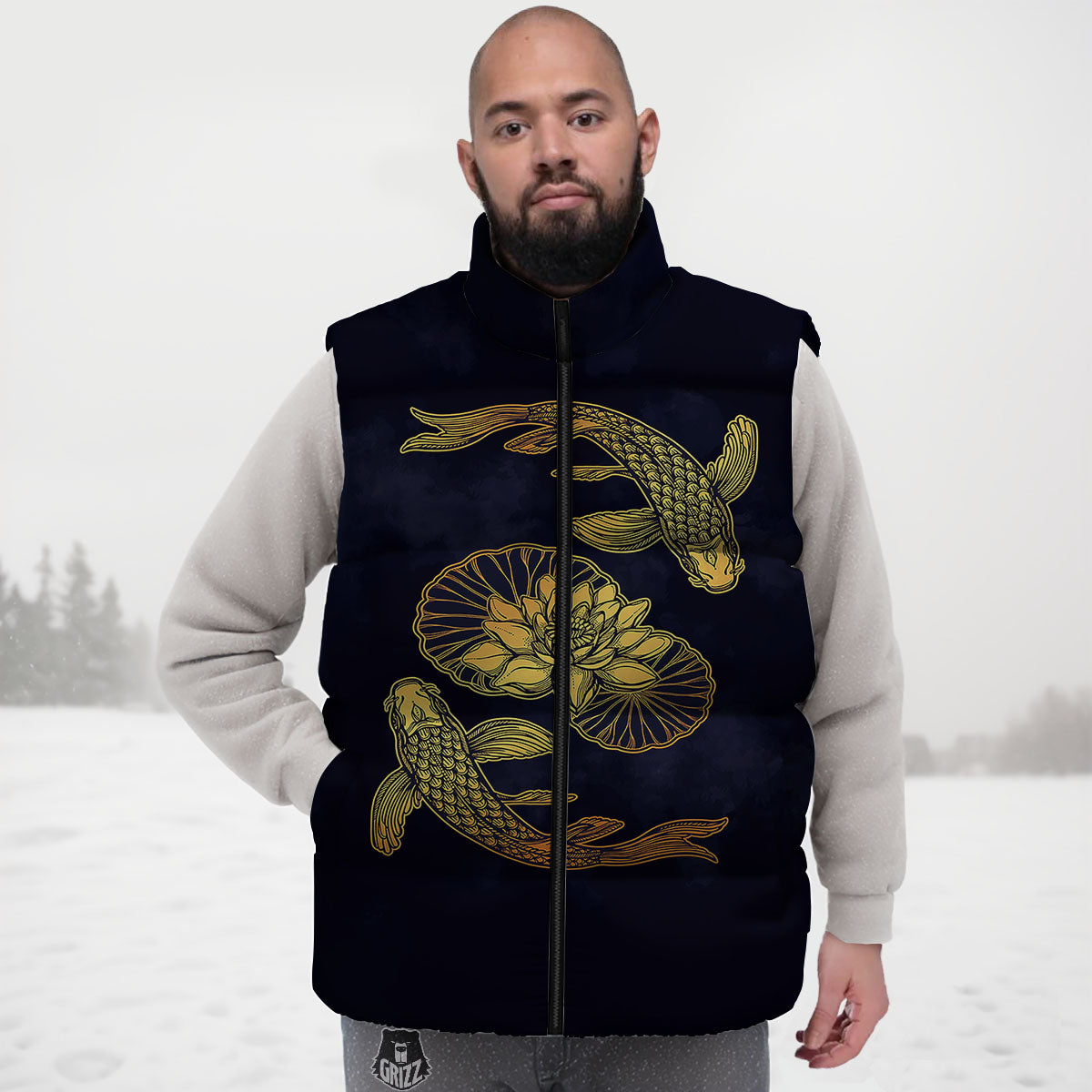 Koi Fish Golden Spiritual Print Down Vest