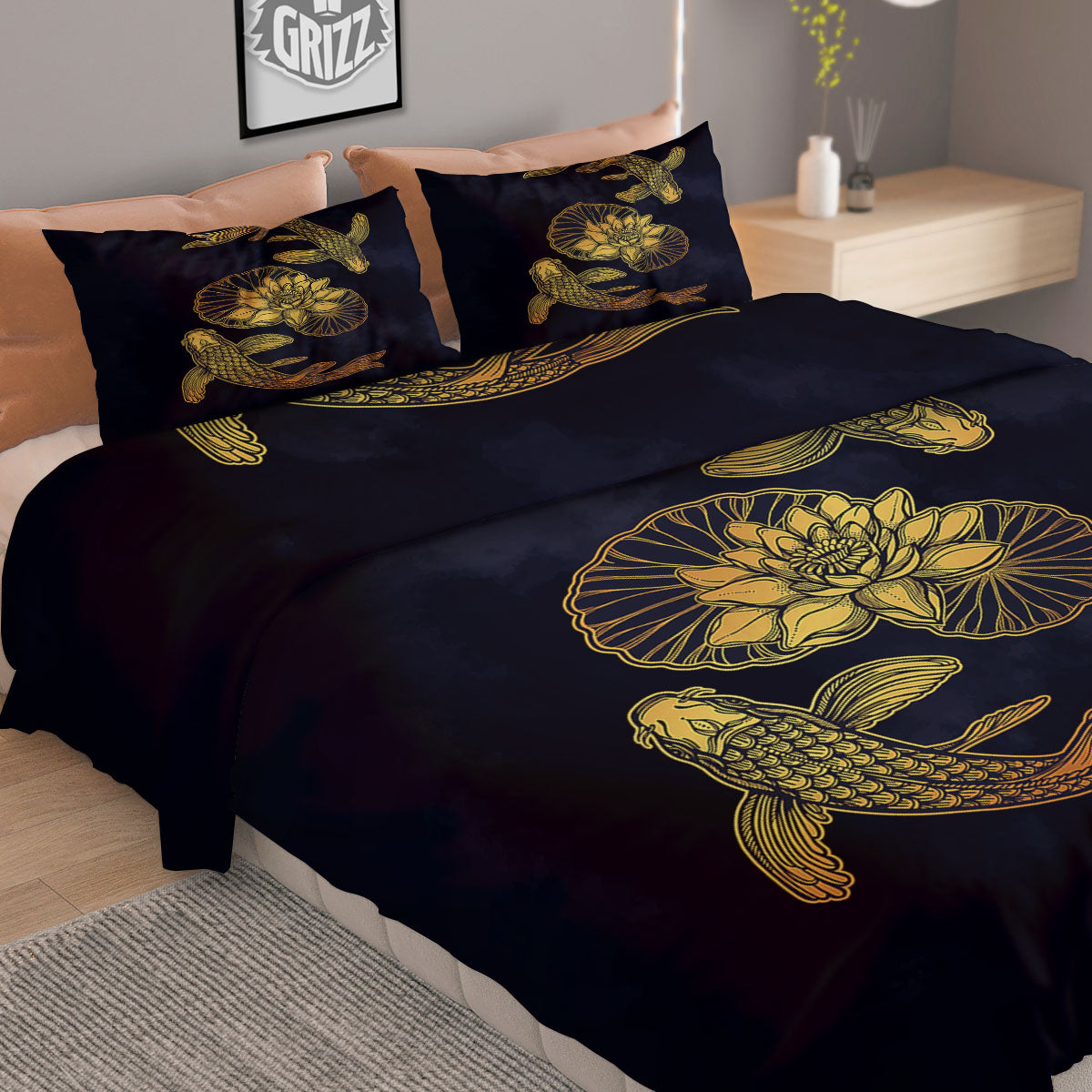 Koi Fish Golden Spiritual Print Duvet Cover Bedding Set