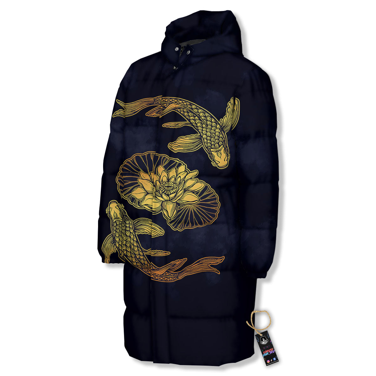 Koi Fish Golden Spiritual Print Long Down Jacket-grizzshop
