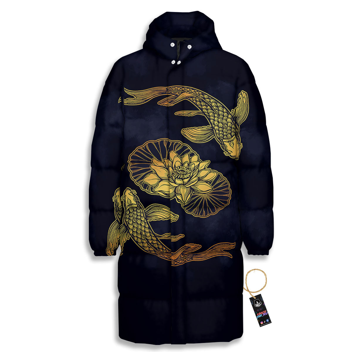 Koi Fish Golden Spiritual Print Long Down Jacket-grizzshop