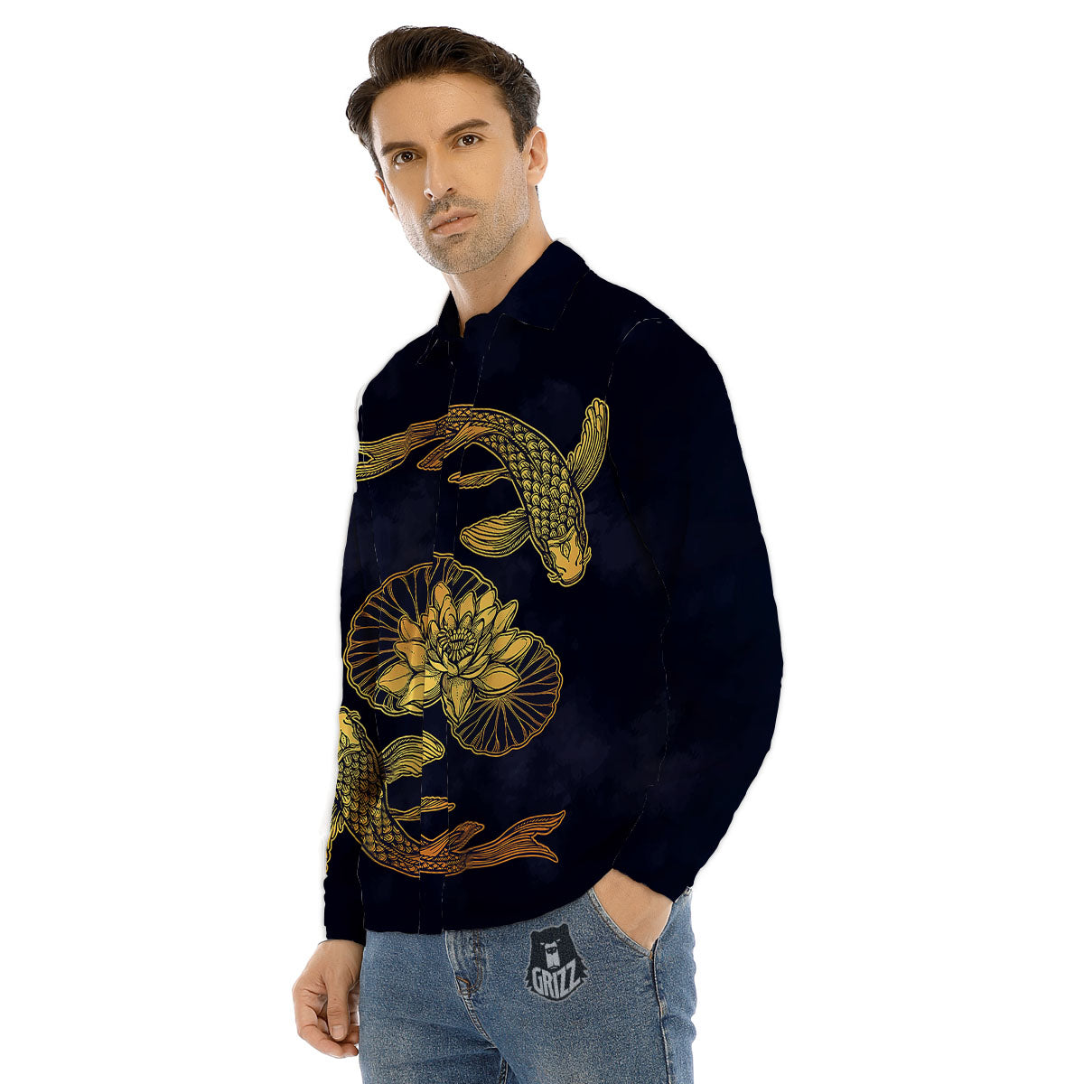 Koi Fish Golden Spiritual Print Men's Dress Shirts-grizzshop