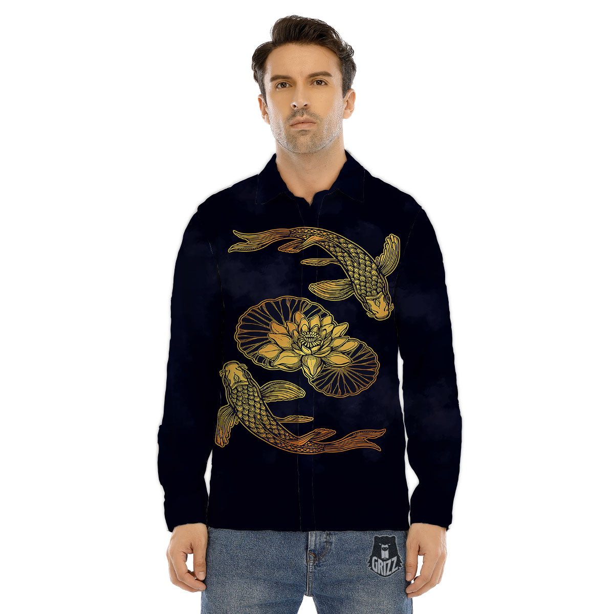 Koi Fish Golden Spiritual Print Men's Dress Shirts-grizzshop