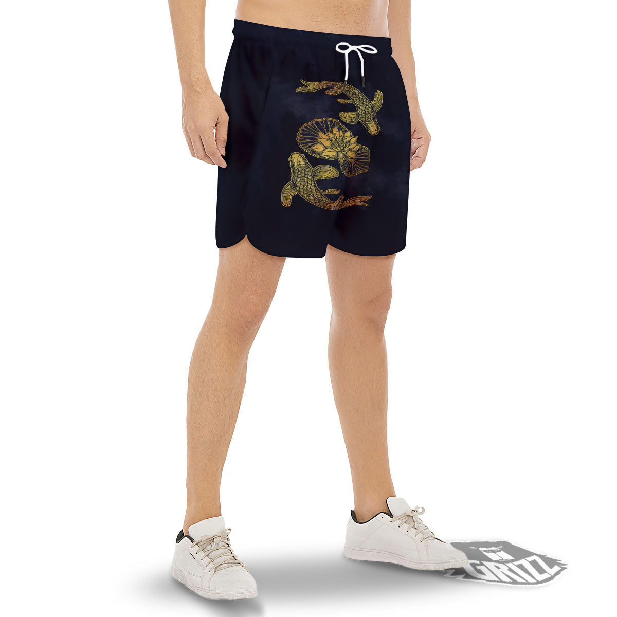 Koi Fish Golden Spiritual Print Men's Gym Shorts-grizzshop