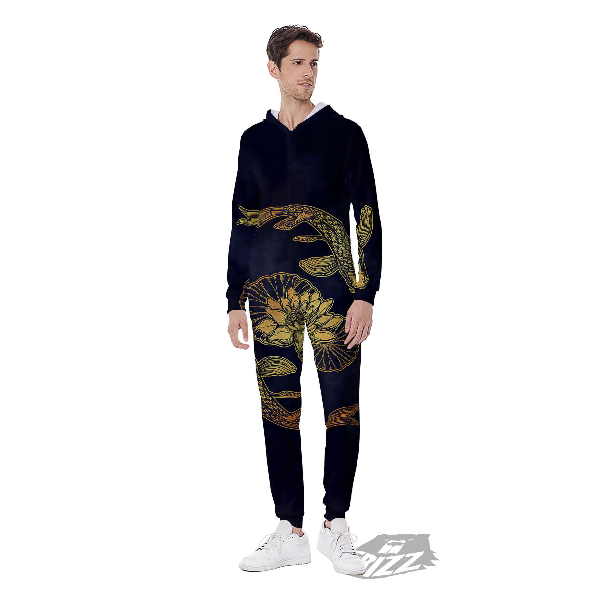 Koi Fish Golden Spiritual Print Men's Jumpsuit-grizzshop