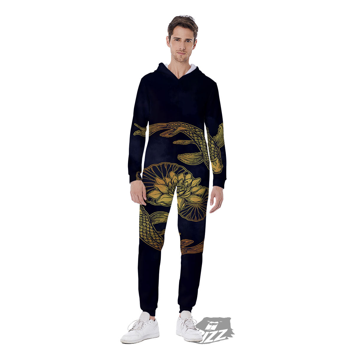 Koi Fish Golden Spiritual Print Men's Jumpsuit-grizzshop