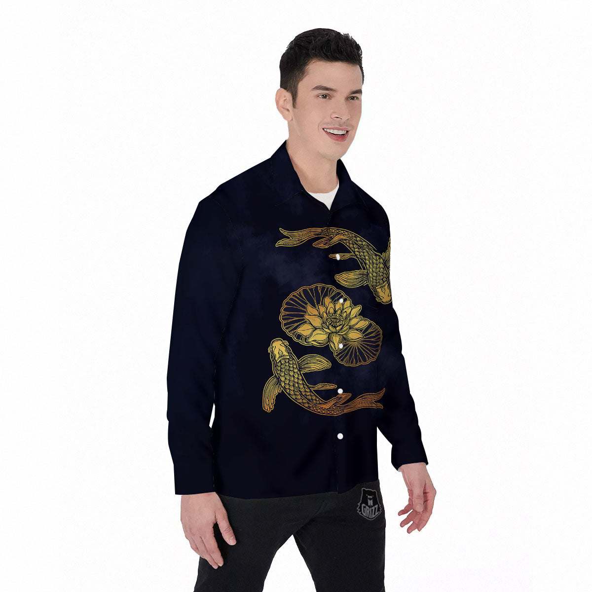 Koi Fish Golden Spiritual Print Men's Long Sleeve Shirts-grizzshop
