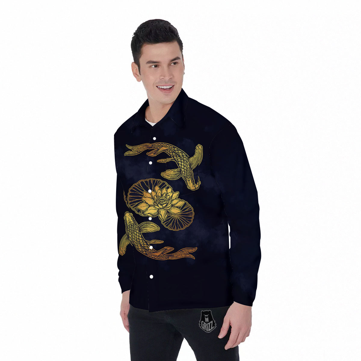 Koi Fish Golden Spiritual Print Men's Long Sleeve Shirts-grizzshop